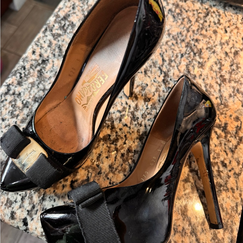 Salvatore Ferragamo Black Patent Leather Heels with Bow Accent